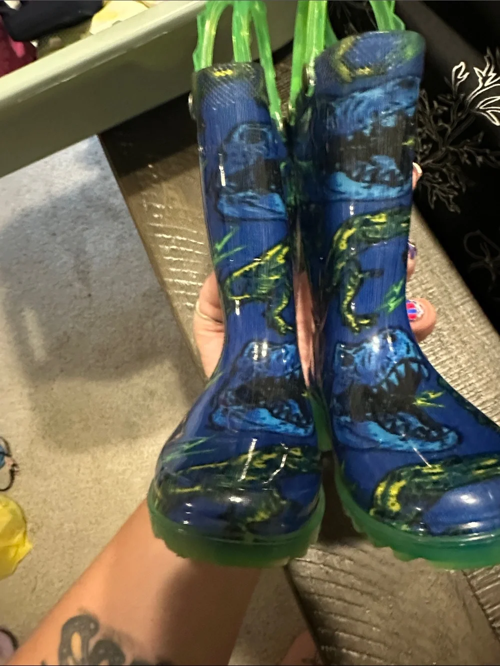Western Chief Blue Dinosaur Rain Boots with Green Soles